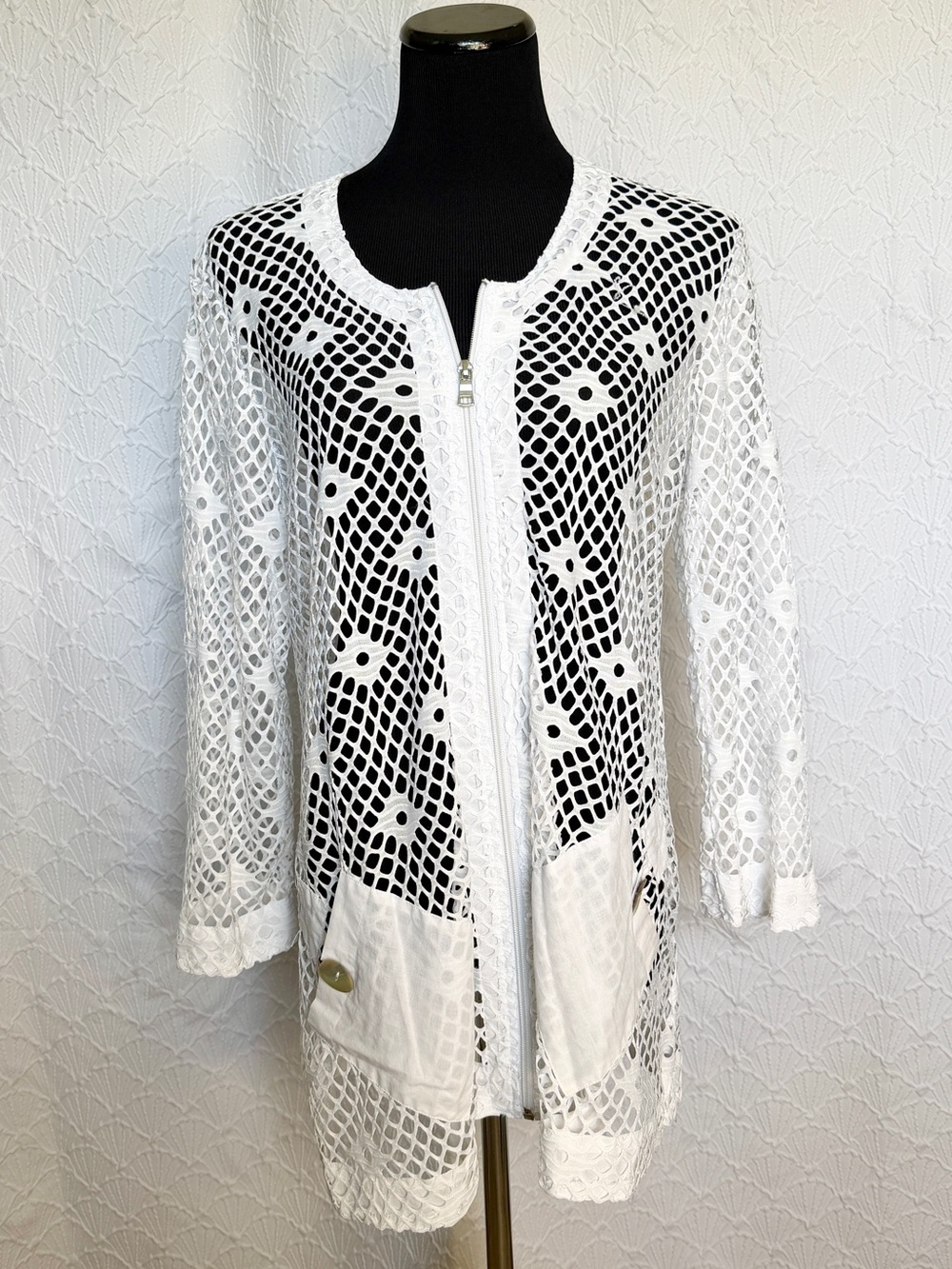 Multiples White Mesh Lace Zip Front Jacket Cardigan Cover Up Size Large